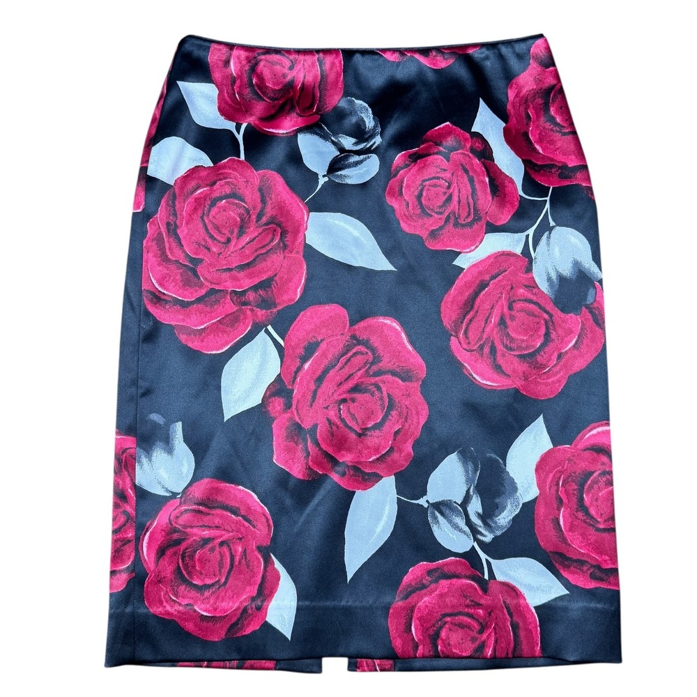 White House‎ Black Market Skirt Size 4 Black Red Rose Floral Pencil Satin